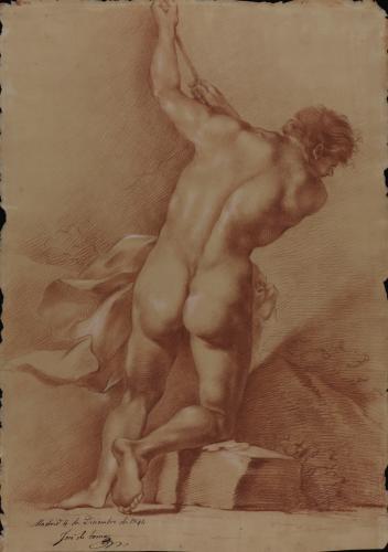 Estudio de modelo masculino desnudo semiarrodillado agarrando con los dos brazos a una cuerda