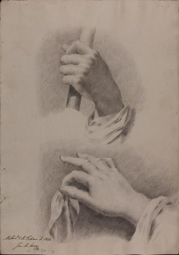 Estudio de mano izquierda agarrando una vara y mano derecha sujetando un paño con dos dedos