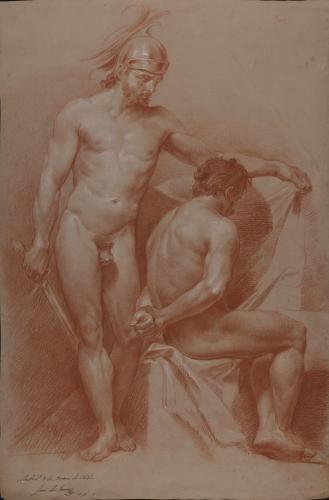 Estudio de un modelo masculino desnudo de pie con casco y espada y otro sentado con las manos a la espalda