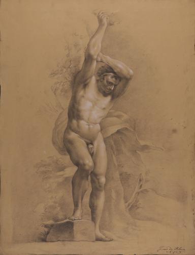 Estudio de modelo masculino desnudo de frente apoyándose con el pie derecho sobre una piedra