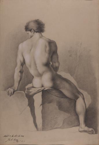 Estudio de modelo masculino desnudo sentado de espaldas apoyado sobre el brazo izquierdo