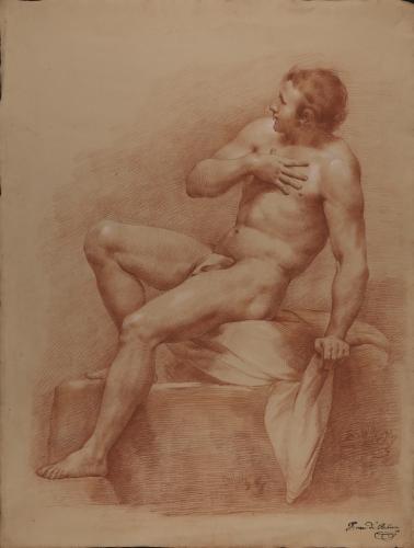 Estudio de modelo masculino desnudo sentado de perfil apoyado en el brazo y izquierdo y con la mano derecha en el pecho