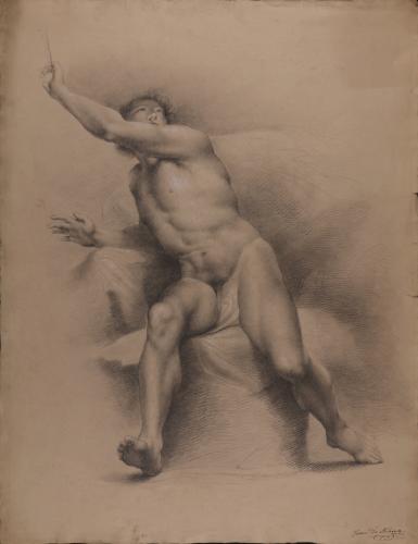Estudio de modelo masculino desnudo sentado en contraposto