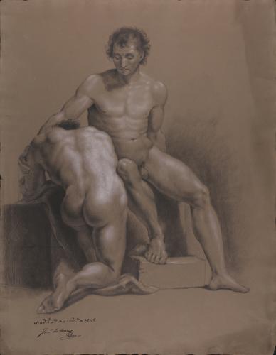 Estudio de modelo masculino desnudo sentado y otro arrodillado de espaldas