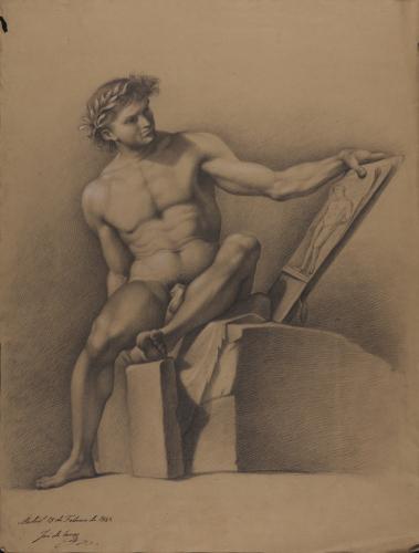 Estudio de modelo masculino desnudo con corona de laurel, sentado, contemplando un dibujo de una escultura antigua