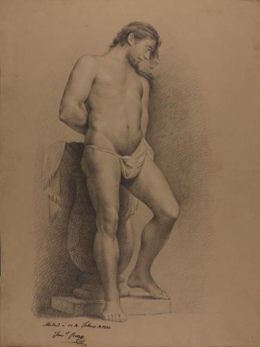 Estudio de modelo masculino desnudo de pie con las manos a la espalda como Cristo atado a la columna