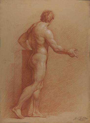 Estudio de modelo masculino desnudo de perfil con el brazo derecho extendido