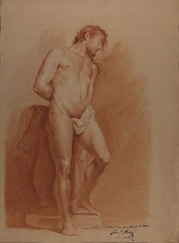 Estudio de modelo masculino desnudo de pie con las manos a la espalda como Cristo atado a la columna