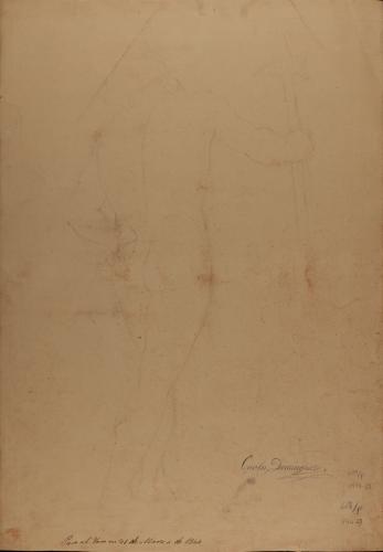 Apunte de modelo masculino desnudo de pie de espaldas con una hacha en la mano derecha
