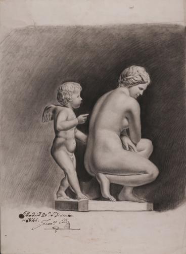 Estudio de escultura de Afrodita/Venus agachada con Eros/Cupido detrás
