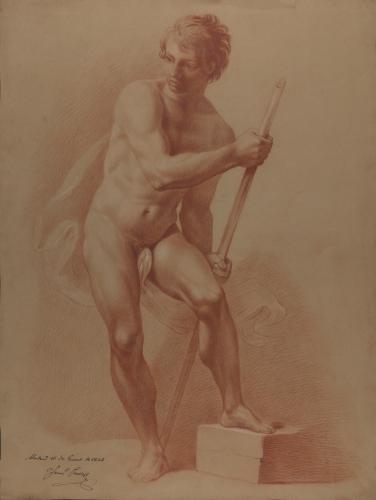 Estudio de modelo masculino desnudo de pie en actitud de remar 