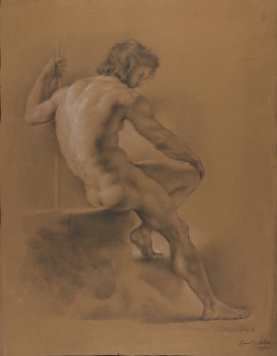 Estudio de modelo masculino desnudo sentado de perfil sosteniendo con la mano izquierda una vara