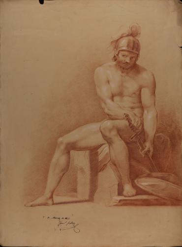 Estudio de modelo masculino desnudo sentado con casco y espada 