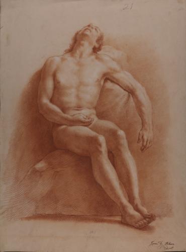 Estudio de modelo masculino desnudo sentado con la cabeza hacia atrás
