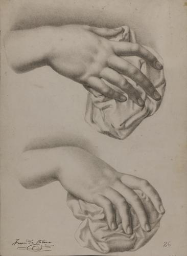 Estudio de dos mano derecha femeninas sobre un paño desde dos puntos de vista