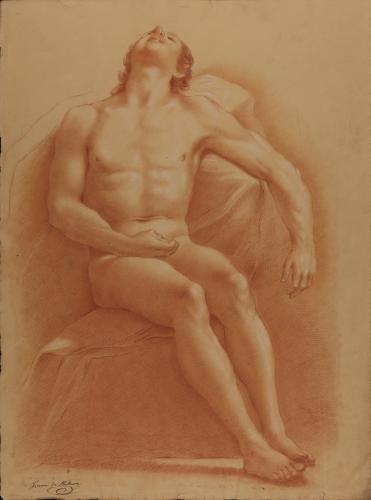 Estudio de modelo masculino desnudo sentado con la cabeza hacia atrás