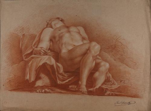 Estudio modelo masculino desnudo yacente en escorzo