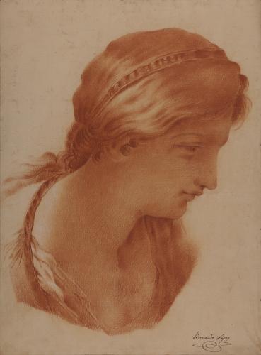 Estudio de cabeza femenina de perfil hacia la derecha con cinta en el pelo