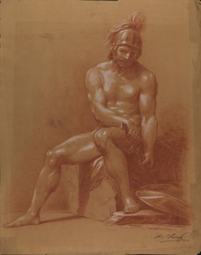 Estudio de modelo masculino desnudo sentado con casco y espada
