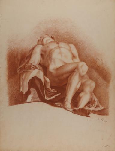 Estudio de modelo masculino desnudo recostado en escorzo