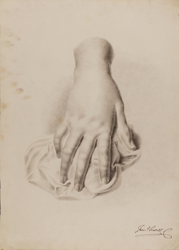 Estudio de mano izquierda femenina sujetando un paño y pie derecho y mano derecha delienados