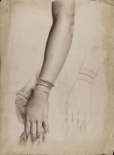 Estudio y apunte de brazo izquierdo femenino con pulsera sombreado y delineado