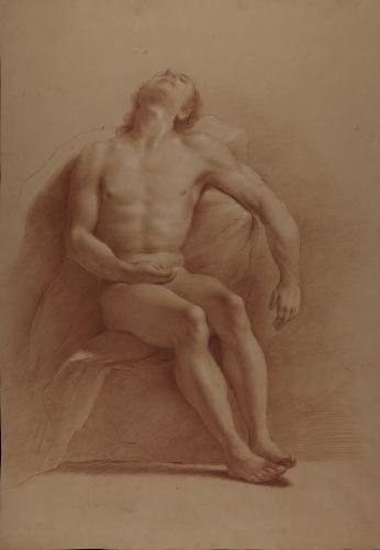 Estudio de modelo masculino desnudo sentado con la cabeza inclinada hacia atrás