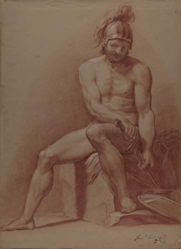 Estudio modelo masculino desnudo sentado con casco y espada