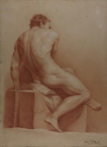 Estudio de modelo masculino desnudo sentado de perfil