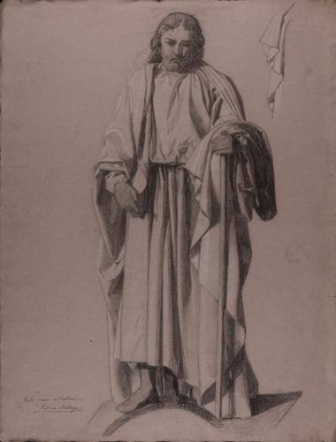 Estudio de figura de un santo? de pie con túnica y cayado en la izquierda 