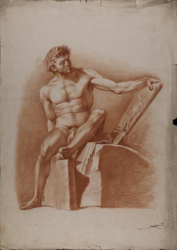 Estudio de modelo masculino desnudo con corona de laurel, sentado, contemplando un dibujo de una escultura antigua