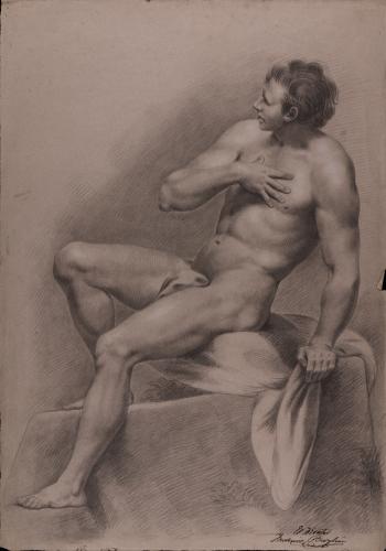 Estudio de desnuda masculino sentado de perfil con la mano derecha sobre el pecho