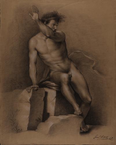 Estudio de modela masculino desnudo sentado de frente apoyado sobre el brazo y el izquierdo levantado