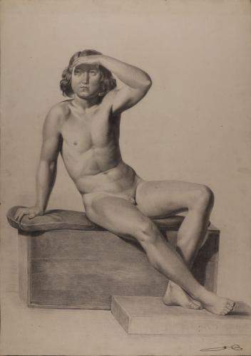 Estudio de modelo masculino infantil desnudo sentado
