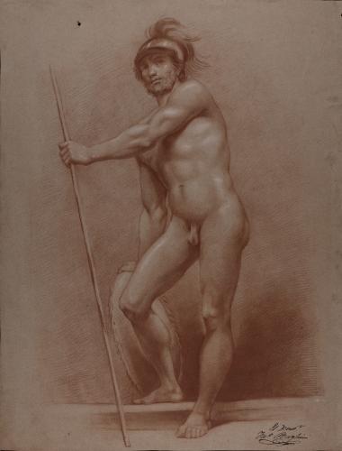 Estudio de modelo masculino desnudo de pie terciado, con casco, lanza y escudo