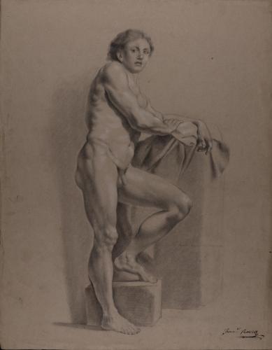 Estudio de modelo masculino desnudo de pie apoyado sobre el brazo izquierdo y con el pie izquierdo sobre un bloque 