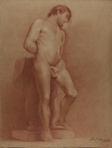 Estudio de modelo masculino desnudo de pie con las manos a la espalda como Cristo atado a la columna