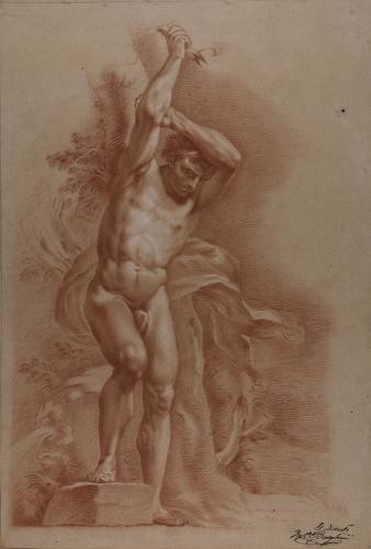 Estudio de modelo masculino desnudo de pie con la pierna derecha sobre una piedra y los brazos levantados