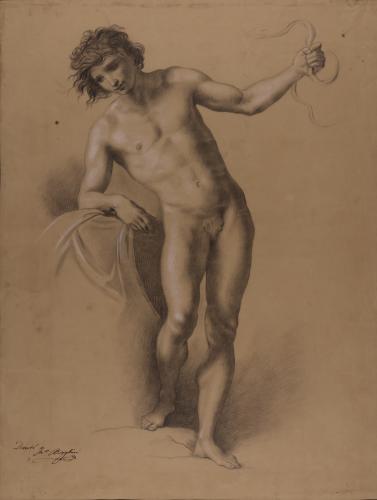 Estudio de un modelo masculino desnudo de pie con una serpiente en la mano izquierda