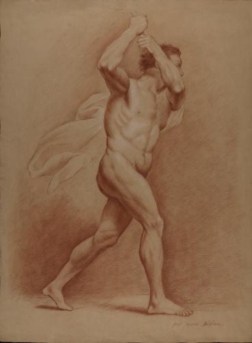 Estudio de modelo masculino desnudo en actitud de avanzar y agarrando con las dos manos una empuñadura