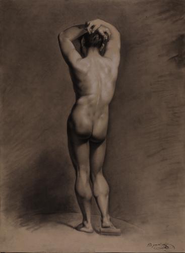 Estudio de modelo masculino desnudo de pie de espaldas