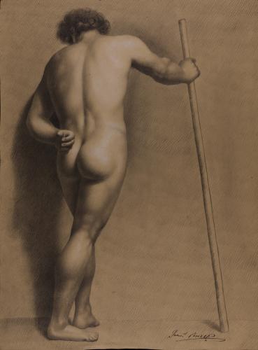 Estudio de modelo masculino desnudo de espaldas de pie, con una vara en la mano derecha y la mano izquierda sobre la cadera