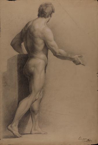 Estudio de modelo masculino desnudo de pie de perfil