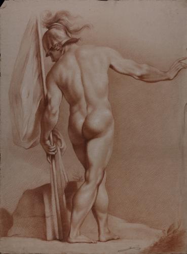 Estudio de modelo masculino desnudo de espaldas con casco y bandera