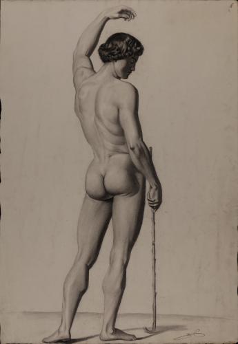 Estudio de modelo masculino desnudo con bastón y el brazo izquierdo alzado