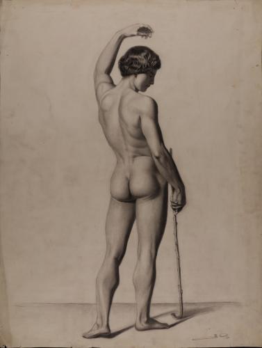 Estudio de modelo masculino desnudo con bastón y el brazo izquierdo alzado