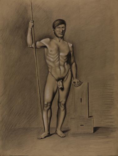 Estudio de un modelo masculino desnudo de pie de frente con una vara en la mano derecha