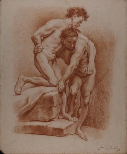 Estudio de dos modelos masculinos desnudos sobre unas rocas abrazados