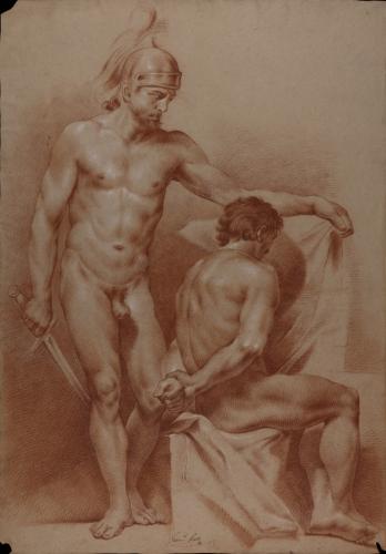 Estudio de un modelo masculino desnudo con casco y espada y otro sentado con las manos a la espalda