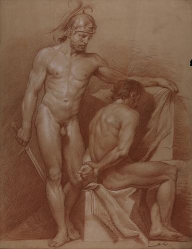 Estudio de un modelo masculino desnudo con casco y espada y otro sentado con las manos a la espalda
